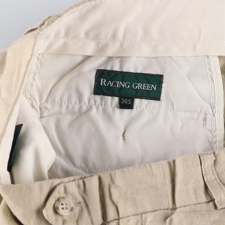 RACING GREEN One-tuck linen pants slacks for men, equivalent to w34 linen Beige type Vintage Second Hand