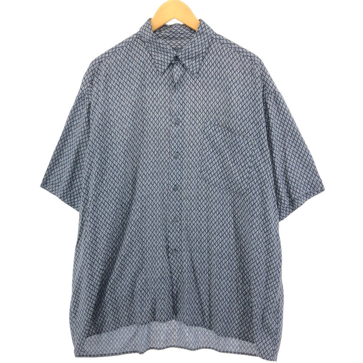 J.Ferrar Diamond Pattern Short Sleeve Rayon Shirt Box Shirt Men's L size Rayon navy blue type Vintage Second Hand