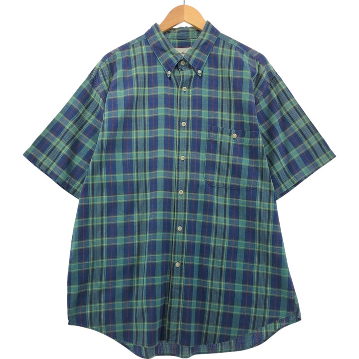 90s-00'S Eddie Bauer short sleeve button down check shirt men's XL size vintage cotton navy blue type Vintage Second Hand