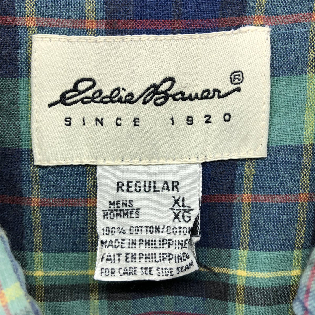 90s-00'S Eddie Bauer short sleeve button down check shirt men's XL size vintage cotton navy blue type Vintage Second Hand