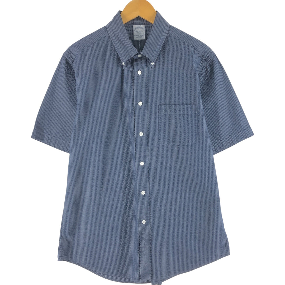Brooks Brothers Est.1818 Seersucker Short Sleeve Button-Down Striped Shirt, Men's Size L cotton navy blue type Vintage Second Hand