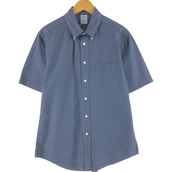 Brooks Brothers Est.1818 Seersucker Short Sleeve Button-Down Striped Shirt, Men's Size L cotton navy blue type Vintage Second Hand