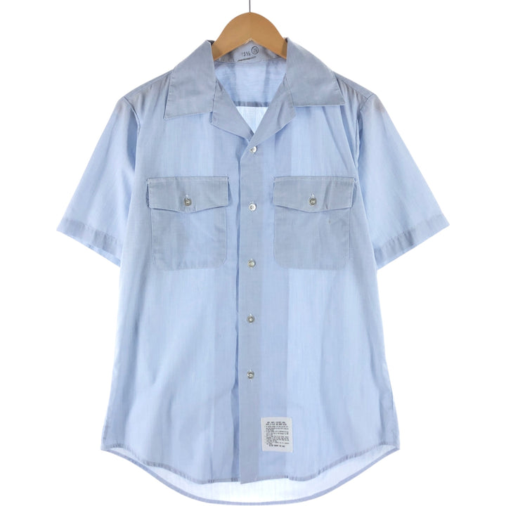 Open collar short sleeve military shirt made in USA, men's size M polyester Blue type light blue Vintage Second Hand