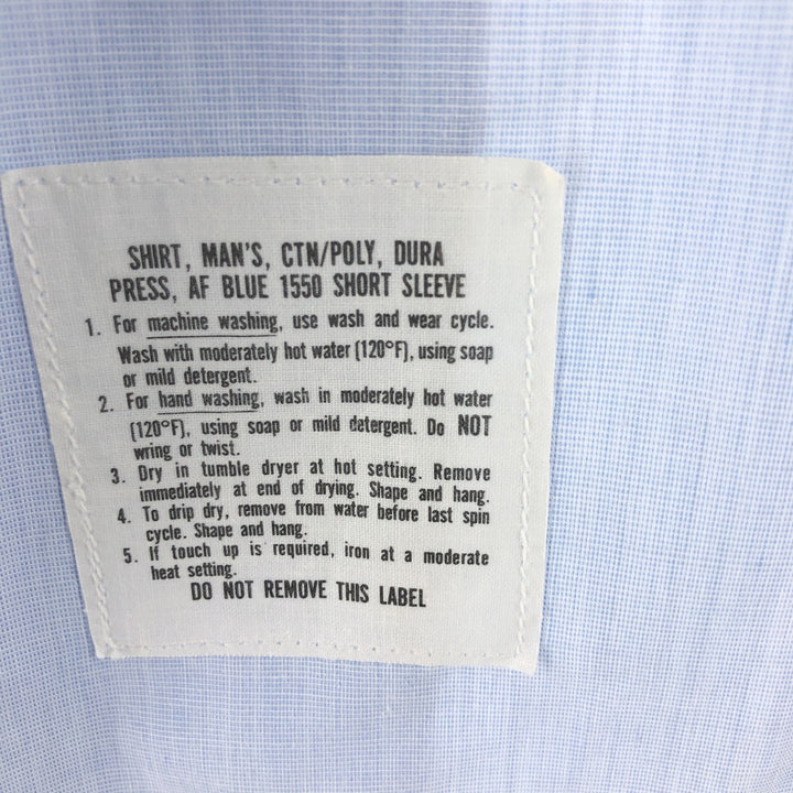 Open collar short sleeve military shirt made in USA, men's size M polyester Blue type light blue Vintage Second Hand