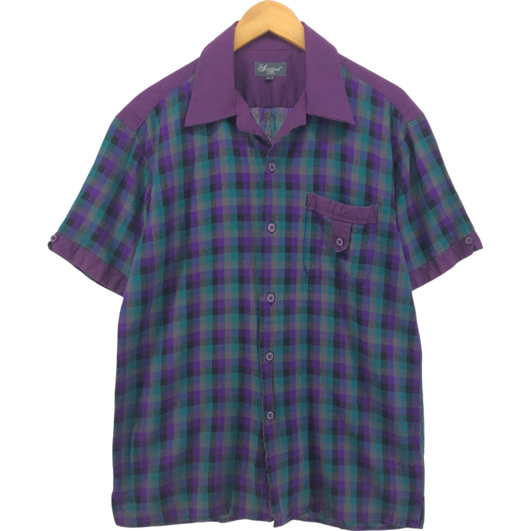SUCCESSO Check Pattern Short Sleeve Open Collar Linen x Cotton Shirt Box Shirt Men's L Size linen purple type Vintage Second Hand