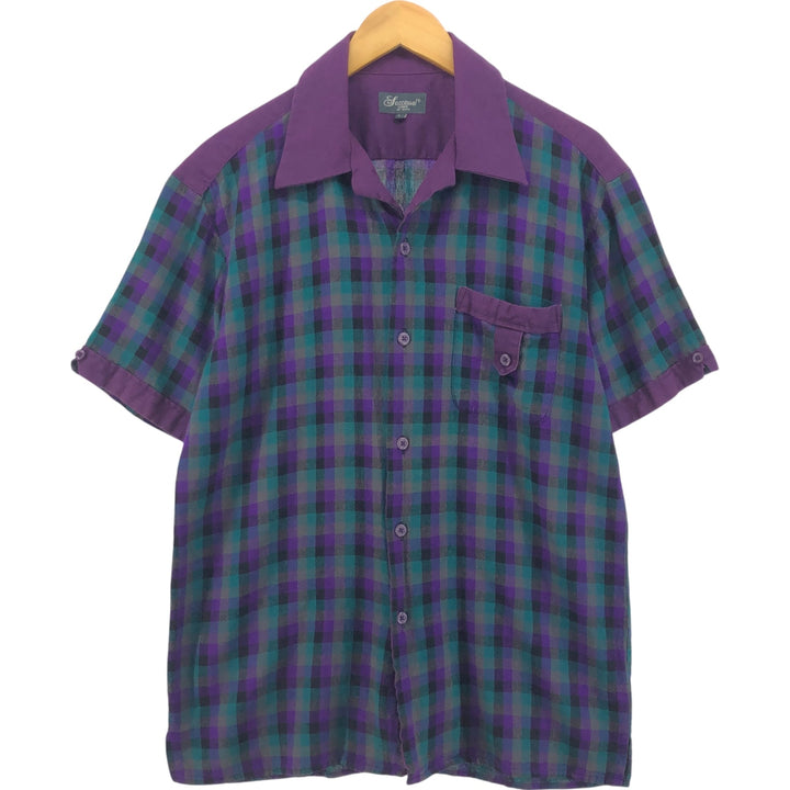 SUCCESSO Check Pattern Short Sleeve Open Collar Linen x Cotton Shirt Box Shirt Men's L Size linen purple type Vintage Second Hand
