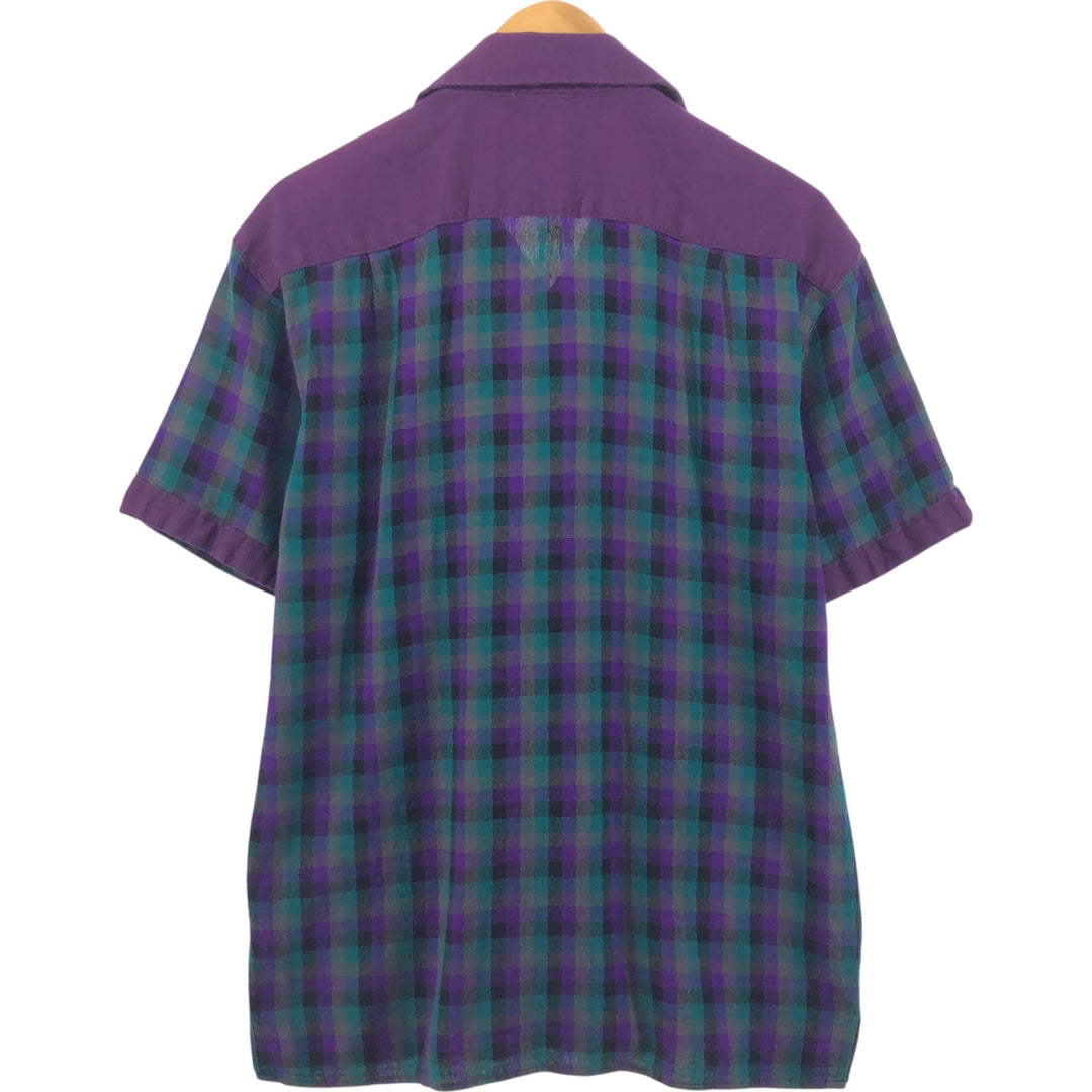SUCCESSO Check Pattern Short Sleeve Open Collar Linen x Cotton Shirt Box Shirt Men's L Size linen purple type Vintage Second Hand