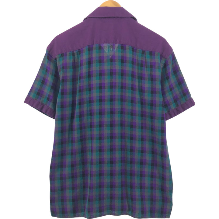 SUCCESSO Check Pattern Short Sleeve Open Collar Linen x Cotton Shirt Box Shirt Men's L Size linen purple type Vintage Second Hand