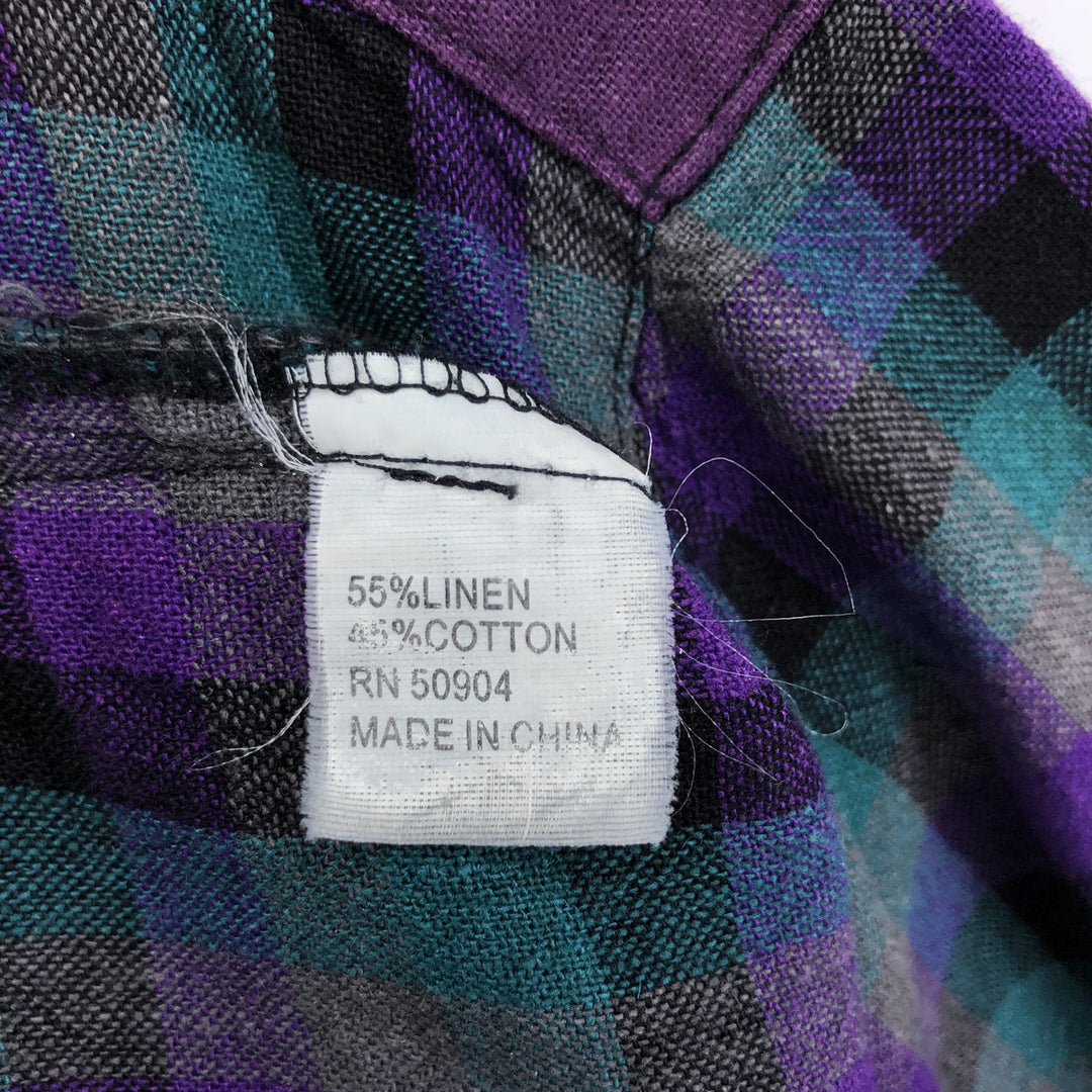 SUCCESSO Check Pattern Short Sleeve Open Collar Linen x Cotton Shirt Box Shirt Men's L Size linen purple type Vintage Second Hand