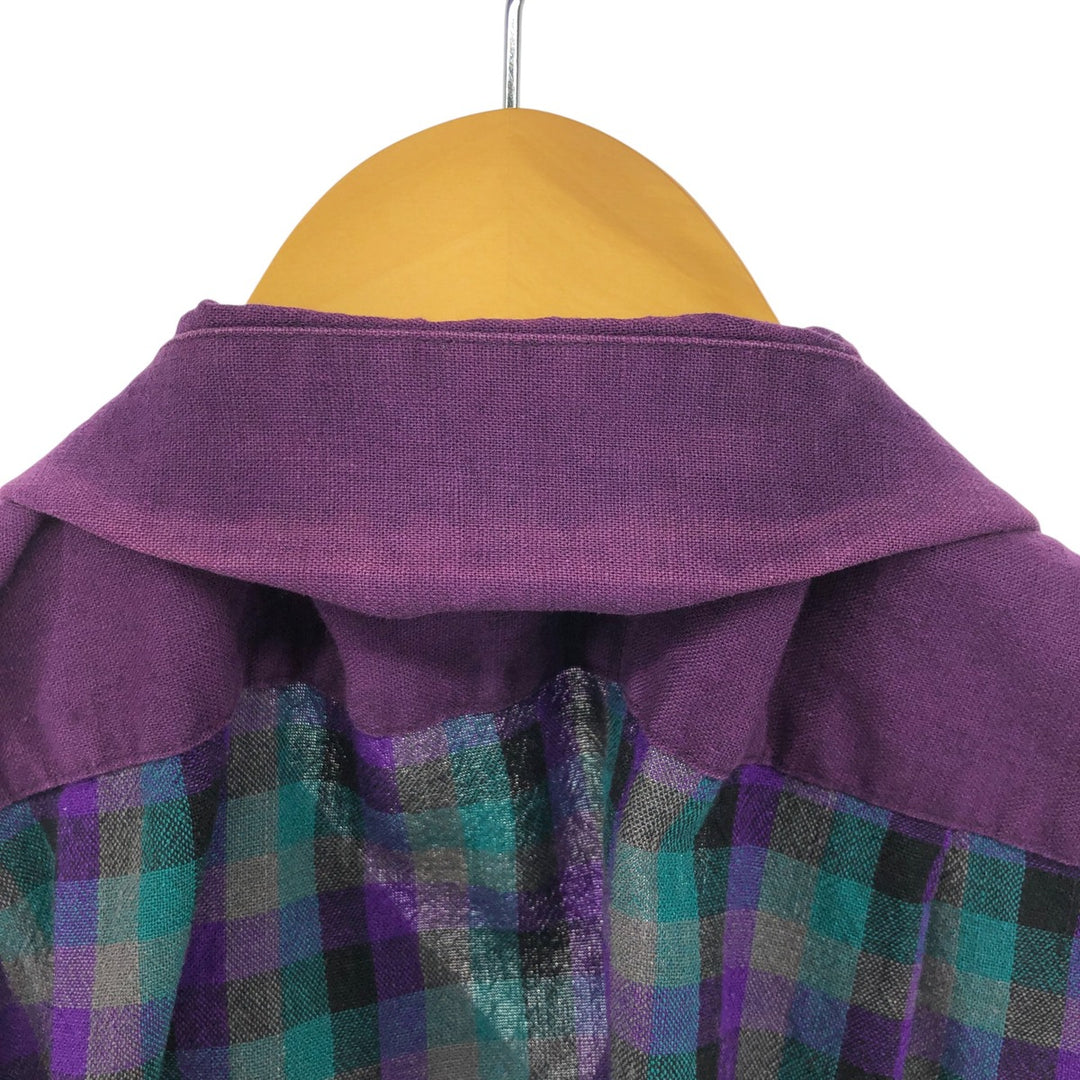 SUCCESSO Check Pattern Short Sleeve Open Collar Linen x Cotton Shirt Box Shirt Men's L Size linen purple type Vintage Second Hand
