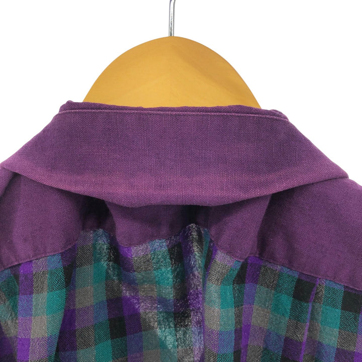 SUCCESSO Check Pattern Short Sleeve Open Collar Linen x Cotton Shirt Box Shirt Men's L Size linen purple type Vintage Second Hand