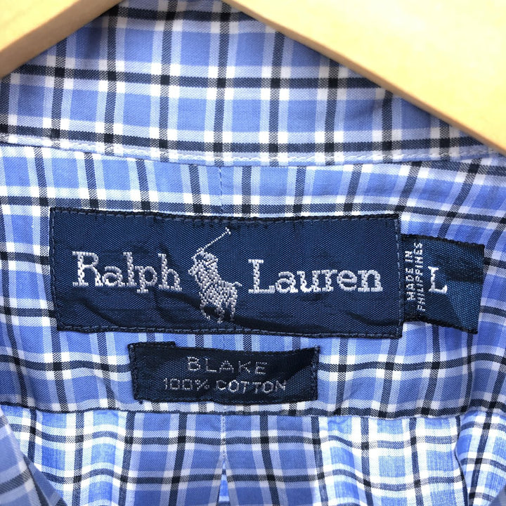 Ralph Lauren BLAKE short sleeve button down check shirt, men's size L cotton blue type Vintage Second Hand