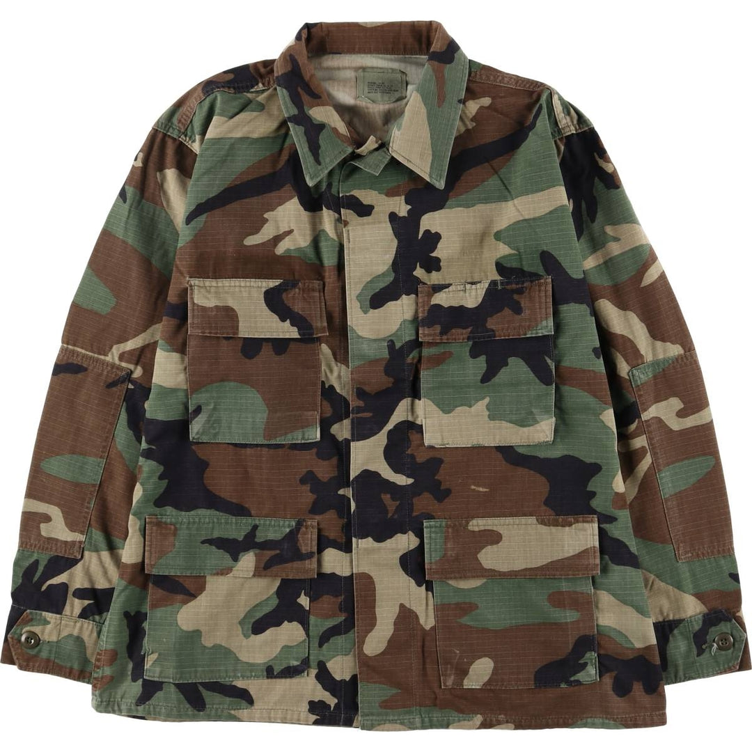 90'S US Military Camouflage Pattern Woodland Camo Ripstop BDU Military Jacket Made in USA MEDIUM-SHORT Men's M Nylon Khaki type Vintage Second Hand