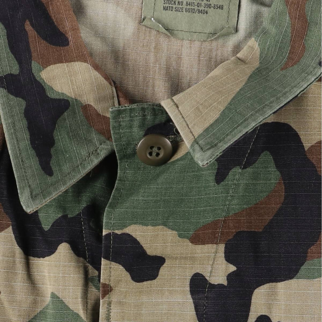 90'S US Military Camouflage Pattern Woodland Camo Ripstop BDU Military Jacket Made in USA MEDIUM-SHORT Men's M Nylon Khaki type Vintage Second Hand