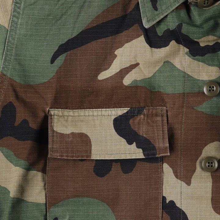 90'S US Military Camouflage Pattern Woodland Camo Ripstop BDU Military Jacket Made in USA MEDIUM-SHORT Men's M Nylon Khaki type Vintage Second Hand