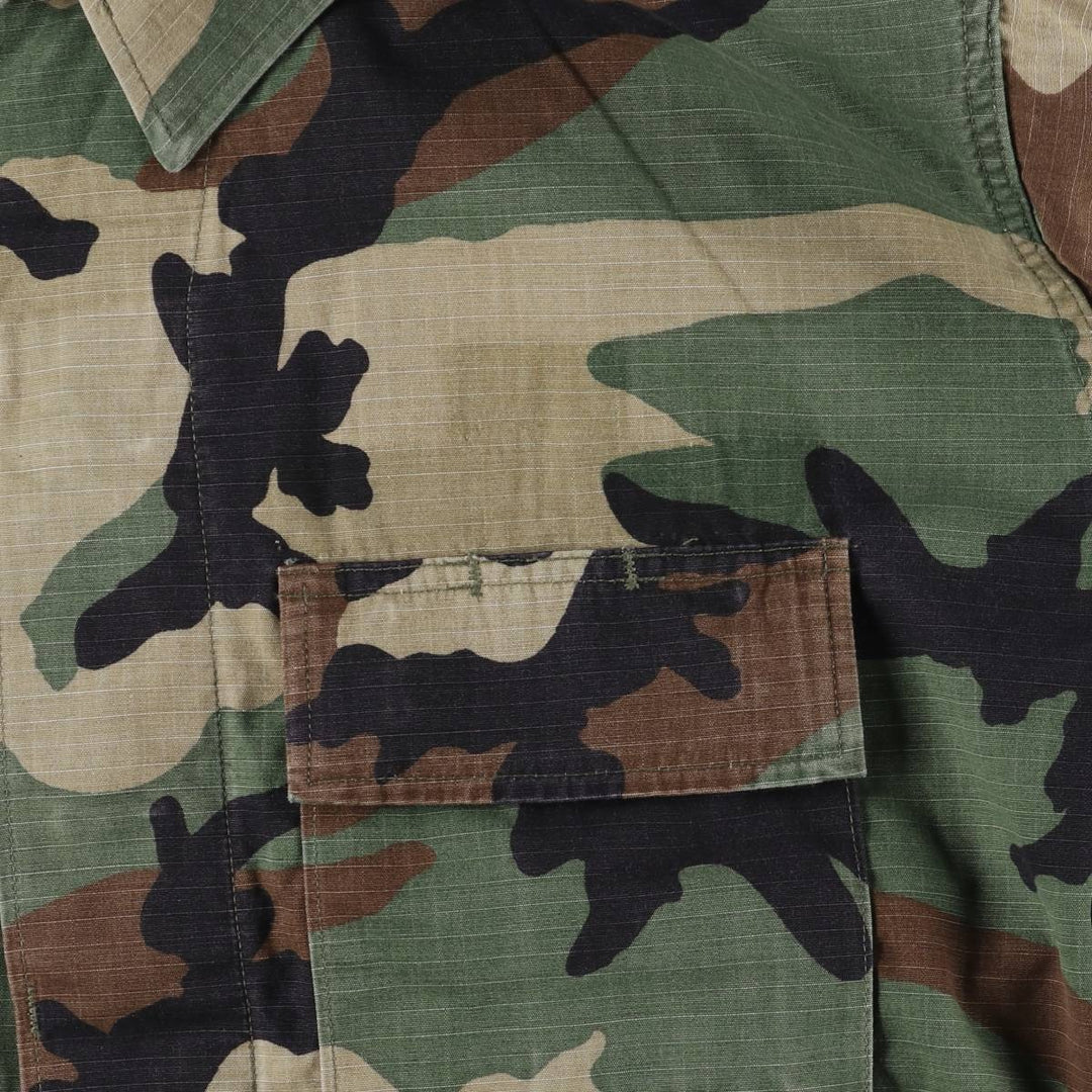 90'S US Military Camouflage Pattern Woodland Camo Ripstop BDU Military Jacket Made in USA MEDIUM-SHORT Men's M Nylon Khaki type Vintage Second Hand