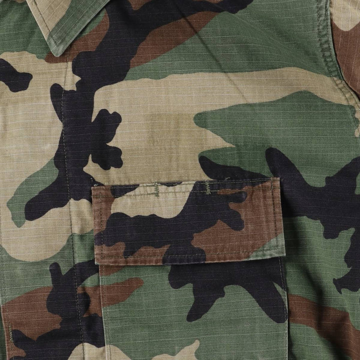 90'S US Military Camouflage Pattern Woodland Camo Ripstop BDU Military Jacket Made in USA MEDIUM-SHORT Men's M Nylon Khaki type Vintage Second Hand