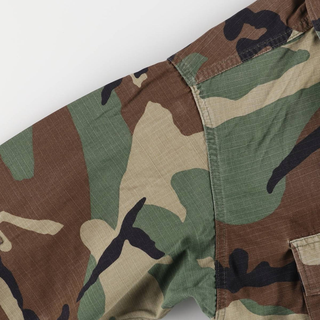 90'S US Military Camouflage Pattern Woodland Camo Ripstop BDU Military Jacket Made in USA MEDIUM-SHORT Men's M Nylon Khaki type Vintage Second Hand