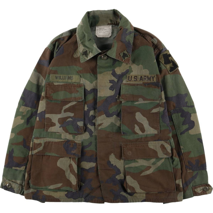 80'S US Military Genuine Camouflage Pattern Woodland Camo BDU Military Jacket Made in USA MEDIUM-XX-SHORT Men's M Size Vintage cotton Khaki type Vintage Second Hand