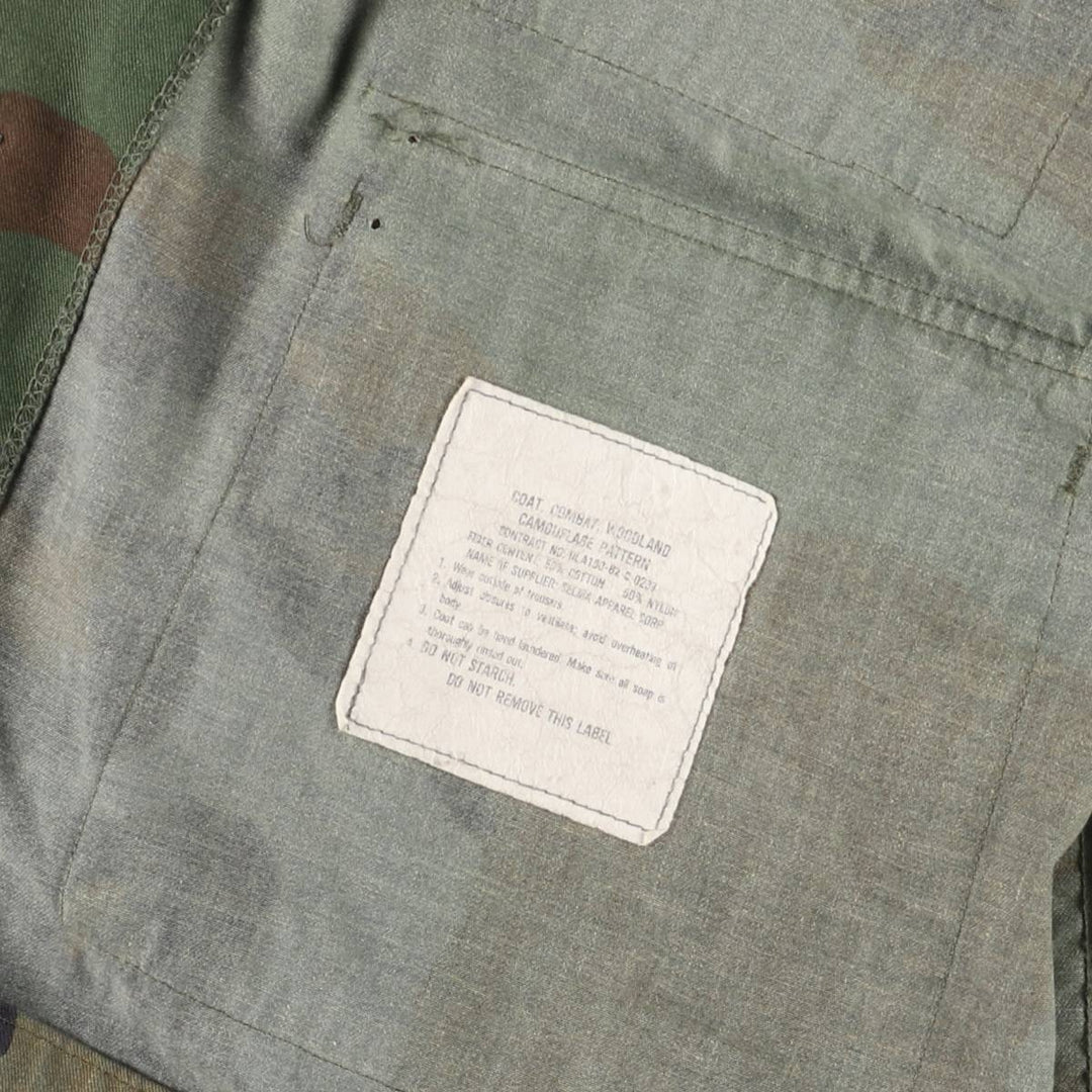 80'S US Military Genuine Camouflage Pattern Woodland Camo BDU Military Jacket Made in USA MEDIUM-XX-SHORT Men's M Size Vintage cotton Khaki type Vintage Second Hand