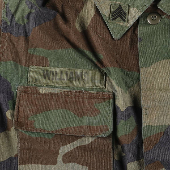 80'S US Military Genuine Camouflage Pattern Woodland Camo BDU Military Jacket Made in USA MEDIUM-XX-SHORT Men's M Size Vintage cotton Khaki type Vintage Second Hand