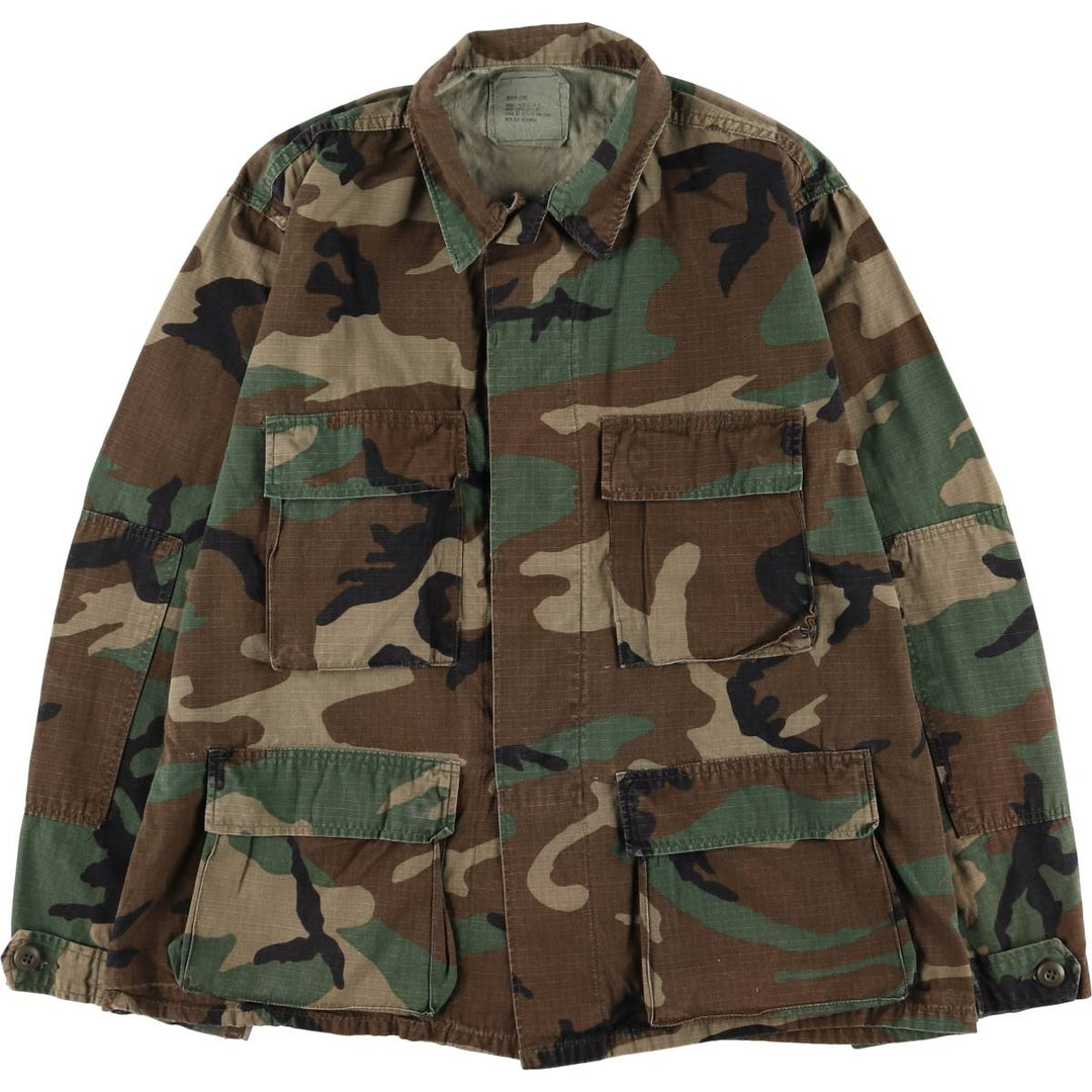 80'S US Military Genuine Camouflage Pattern Woodland Camo Ripstop BDU Military Jacket Made in USA MEDIUM-SHORT Men's M cotton Khaki type Vintage Second Hand