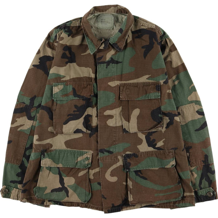 80'S US Military Genuine Camouflage Pattern Woodland Camo Ripstop BDU Military Jacket Made in USA MEDIUM-SHORT Men's M cotton Khaki type Vintage Second Hand