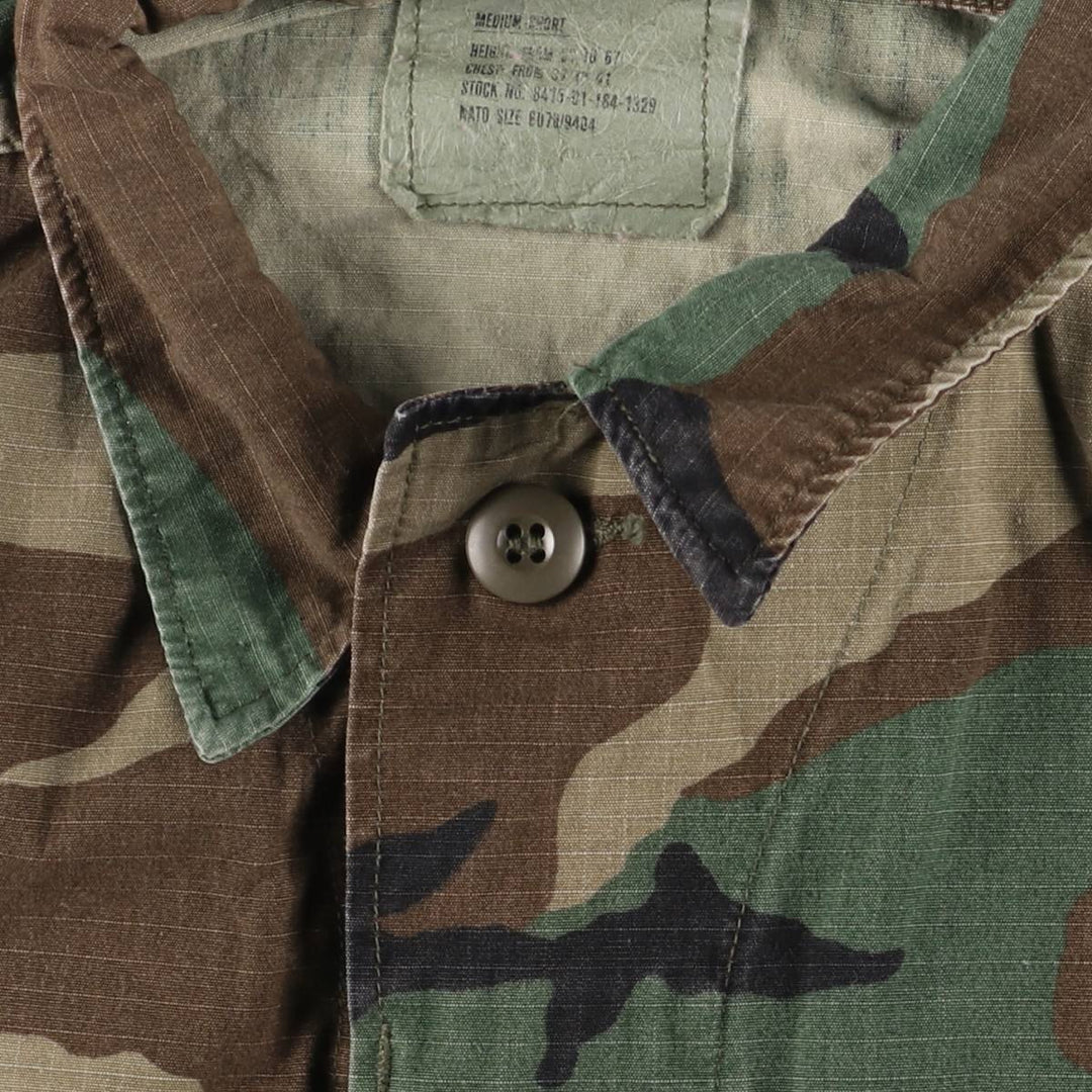 80'S US Military Genuine Camouflage Pattern Woodland Camo Ripstop BDU Military Jacket Made in USA MEDIUM-SHORT Men's M cotton Khaki type Vintage Second Hand