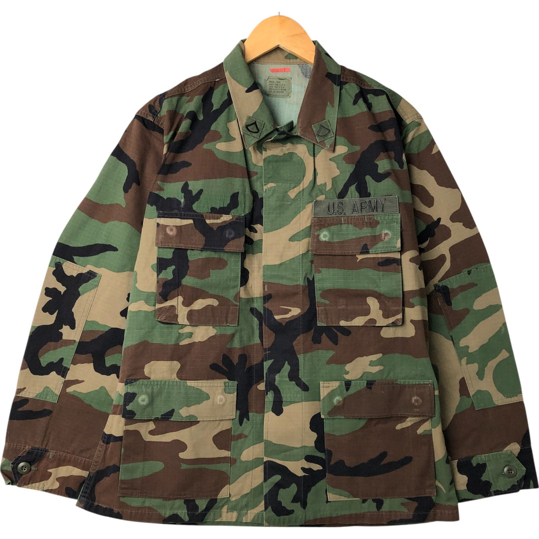 90'S US Military Camouflage Pattern Woodland Camo Ripstop BDU Military Jacket Made in USA MEDIUM-SHORT Men's M cotton Khaki type Vintage Second Hand