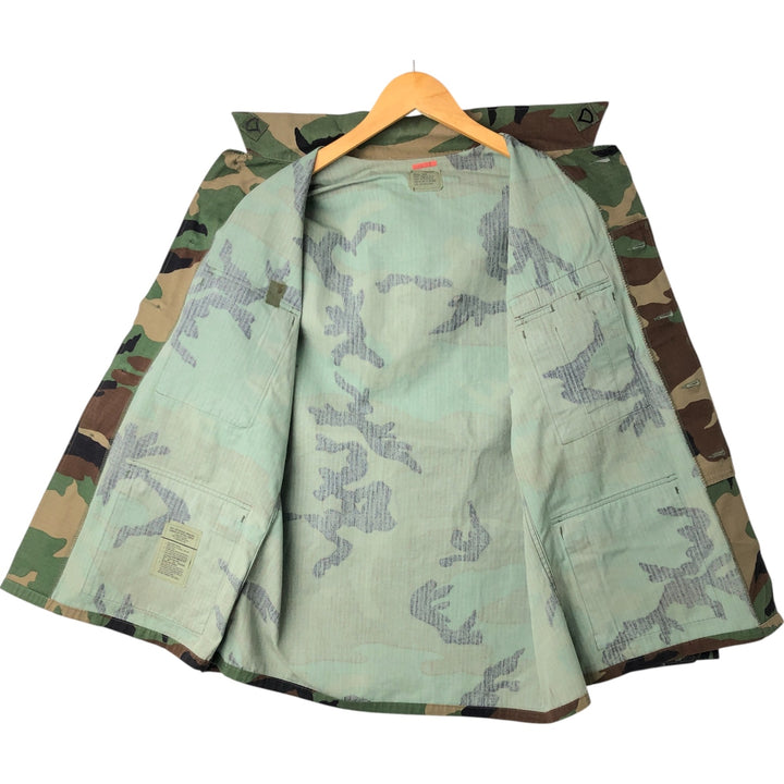 90'S US Military Camouflage Pattern Woodland Camo Ripstop BDU Military Jacket Made in USA MEDIUM-SHORT Men's M cotton Khaki type Vintage Second Hand