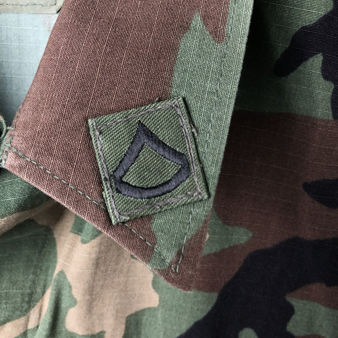 90'S US Military Camouflage Pattern Woodland Camo Ripstop BDU Military Jacket Made in USA MEDIUM-SHORT Men's M cotton Khaki type Vintage Second Hand
