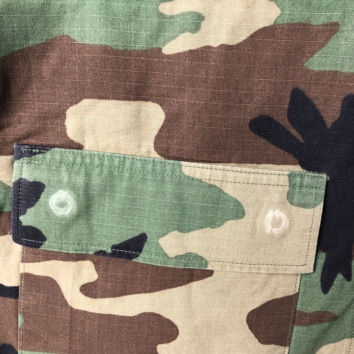 90'S US Military Camouflage Pattern Woodland Camo Ripstop BDU Military Jacket Made in USA MEDIUM-SHORT Men's M cotton Khaki type Vintage Second Hand