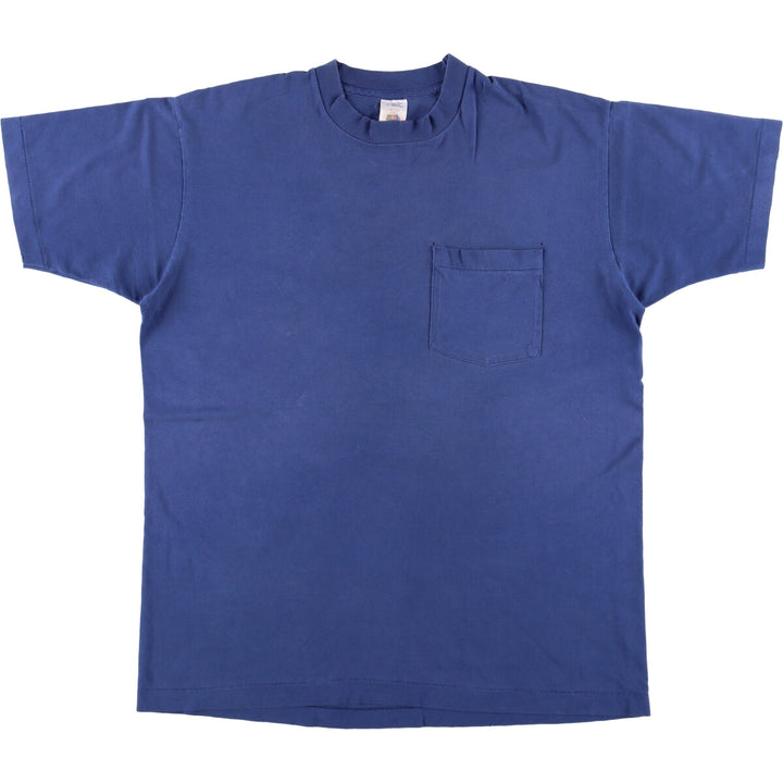 90'S Fruit of the Loom plain pocket T-shirt made in the USA, men's size L, vintage cotton Navy blue Vintage Second Hand