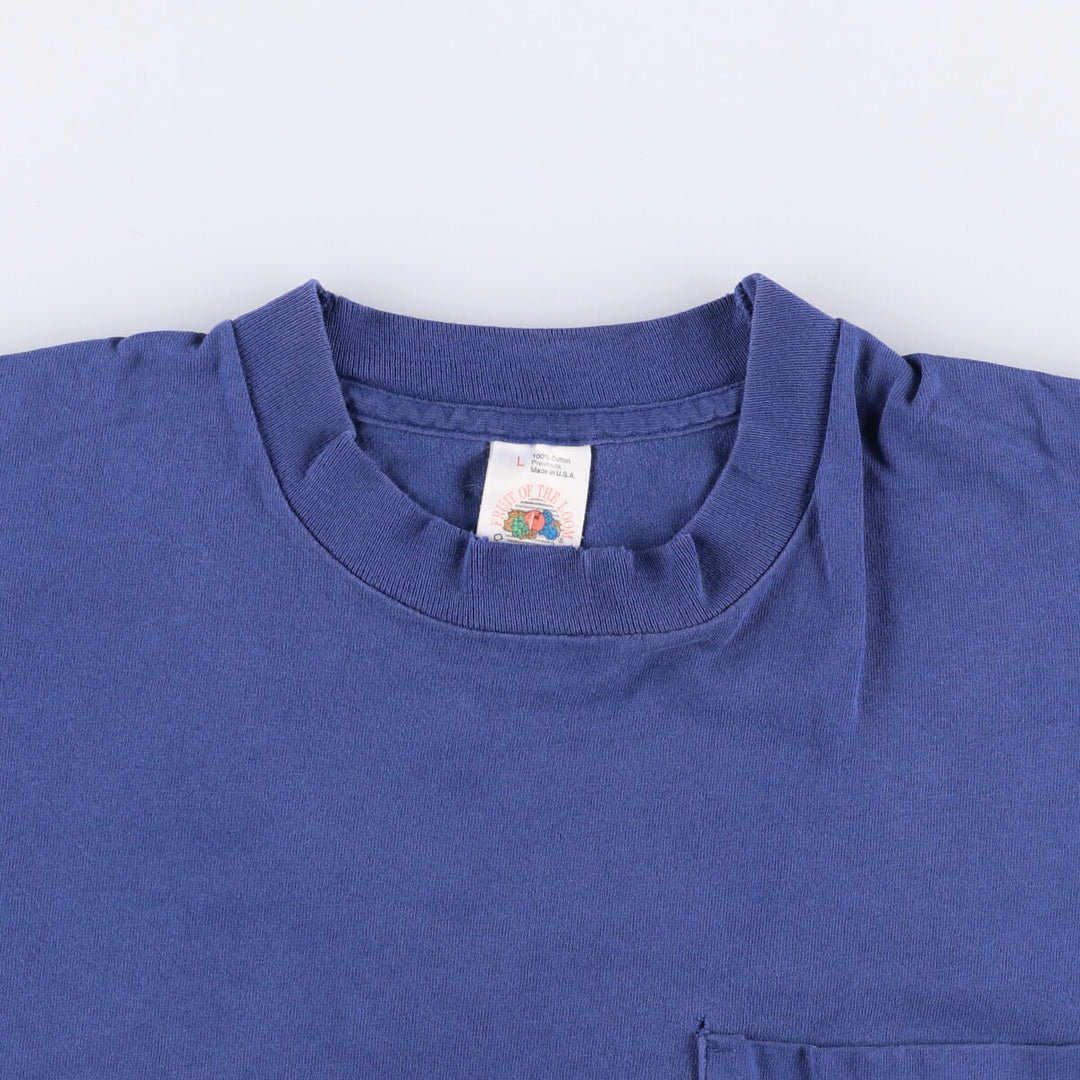 90'S Fruit of the Loom plain pocket T-shirt made in the USA, men's size L, vintage cotton Navy blue Vintage Second Hand