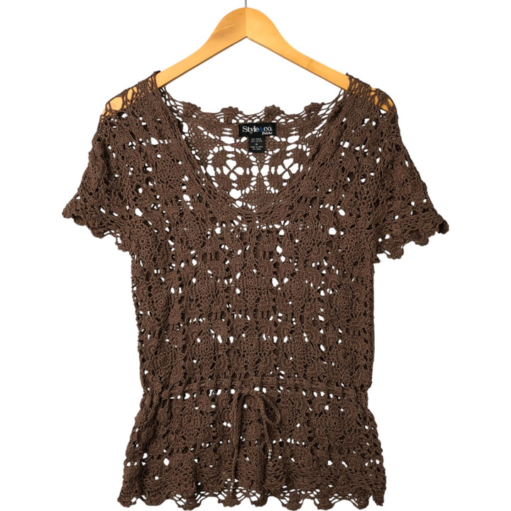 STYLE and CO. PETITE V-neck, short-sleeved crochet knit sweater, women's size M Lamy brown type Vintage Second Hand
