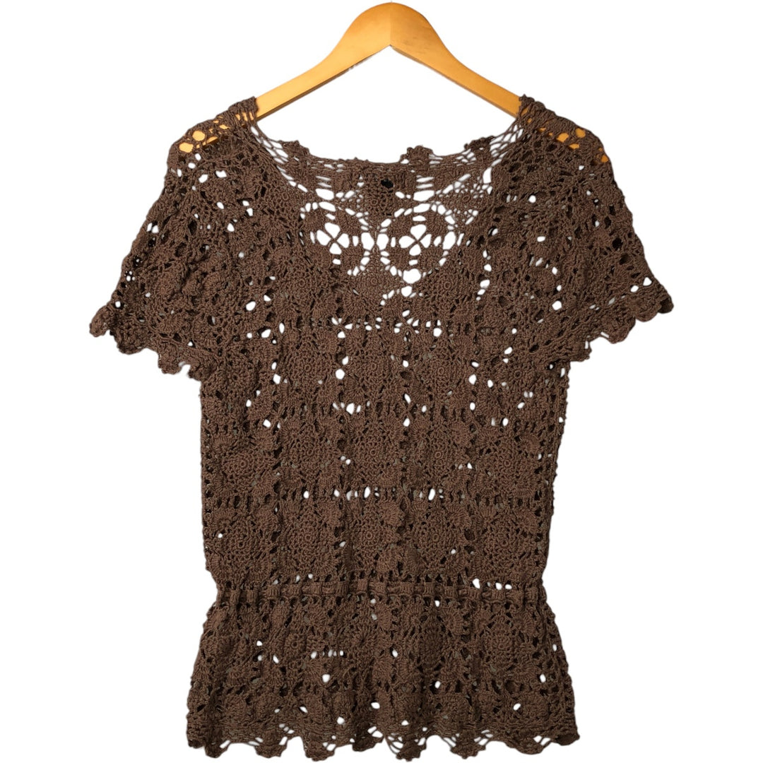 STYLE and CO. PETITE V-neck, short-sleeved crochet knit sweater, women's size M Lamy brown type Vintage Second Hand