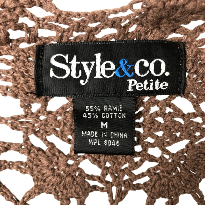 STYLE and CO. PETITE V-neck, short-sleeved crochet knit sweater, women's size M Lamy brown type Vintage Second Hand