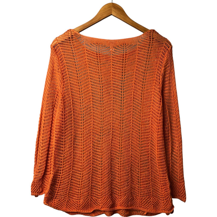 CHICO'S Boat Neck Crochet Knit Sweater, Women's Size L Lamy orange type Vintage Second Hand