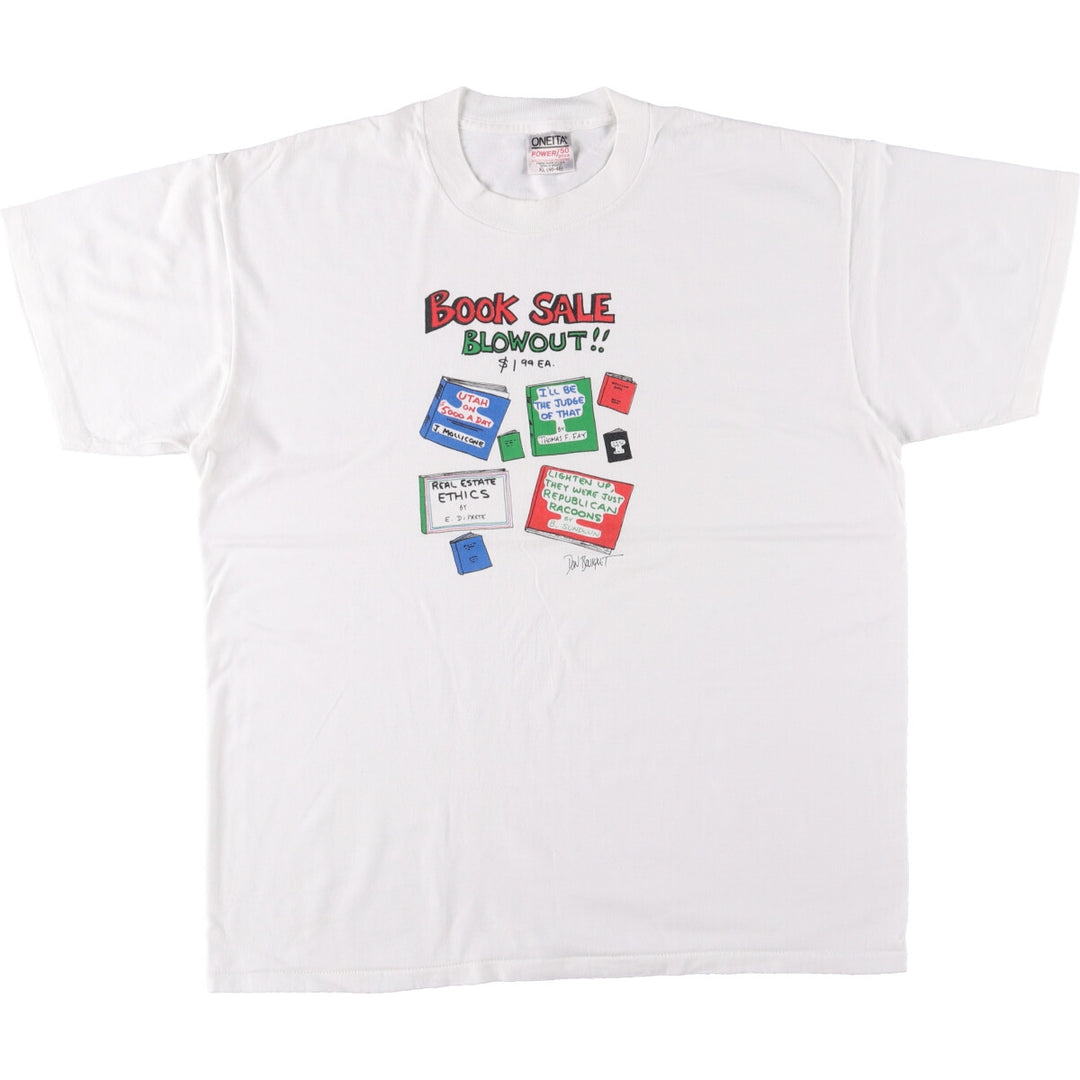 90'S ONEITA Printed T-shirt, Men's XL size, Vintage cotton white type Vintage Second Hand