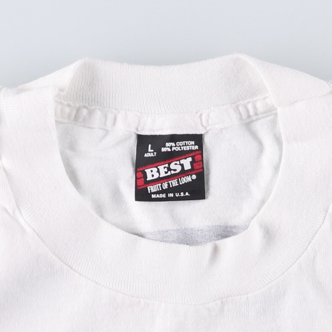 90'S Fruit of the Loom Best Printed T-shirt, Made in USA, Men's L size, Vintage cotton white type Vintage Second Hand