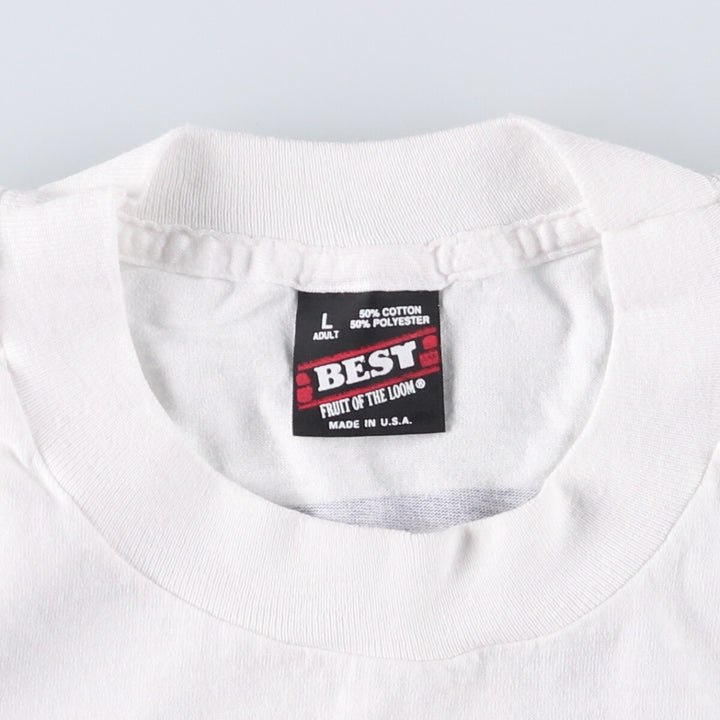 90'S Fruit of the Loom Best Printed T-shirt, Made in USA, Men's L size, Vintage cotton white type Vintage Second Hand