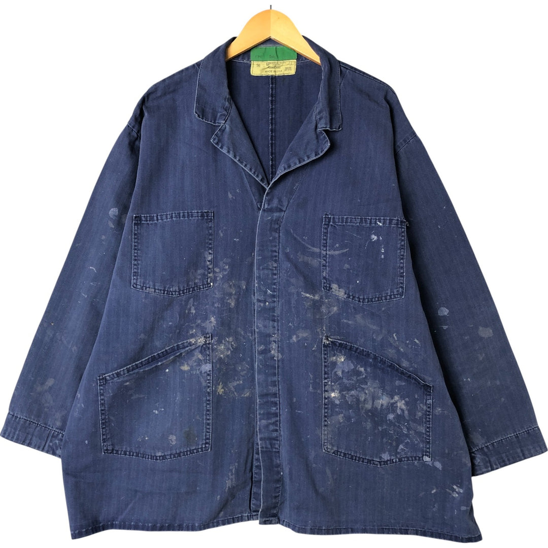 Big Size Universal Overalls HBT Painted Herringbone Twill Work Jacket Made in USA Men's XXXXL cotton navy blue type Vintage Second Hand