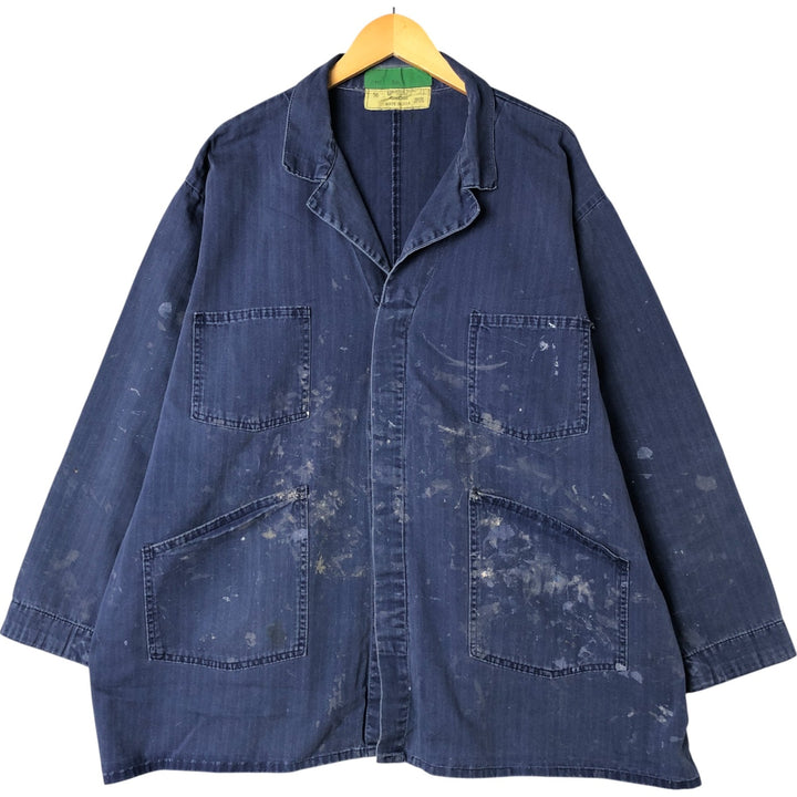 Big Size Universal Overalls HBT Painted Herringbone Twill Work Jacket Made in USA Men's XXXXL cotton navy blue type Vintage Second Hand