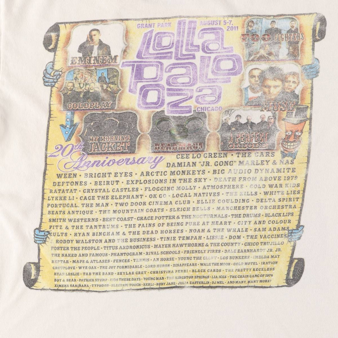 LOLLAPALOOZA 2011 Band T-Shirt, Men's Size L unclear white type Vintage Second Hand