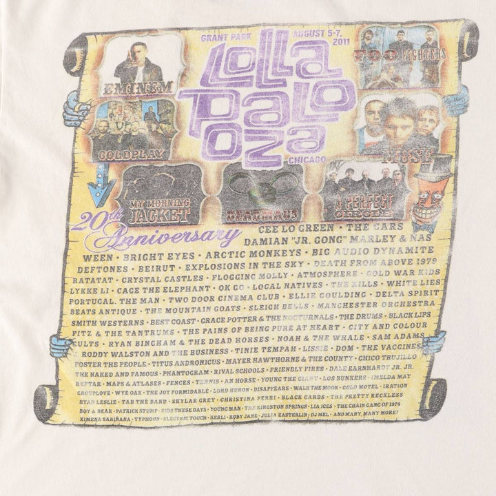 LOLLAPALOOZA 2011 Band T-Shirt, Men's Size L unclear white type Vintage Second Hand