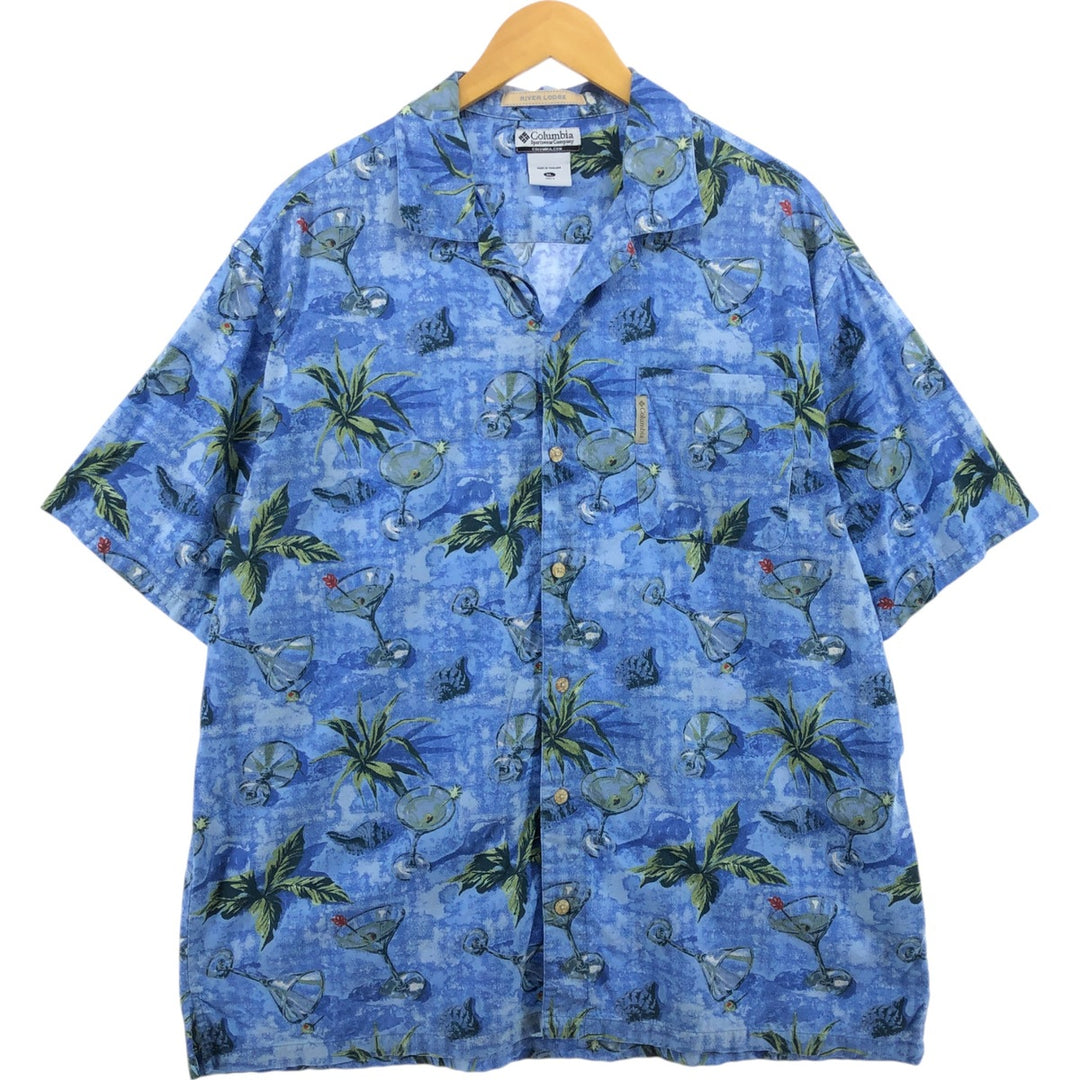 00'S Columbia RIVER LODGE Open Collar Hawaiian Aloha Shirt Box Shirt Men's XL cotton blue type Vintage Second Hand