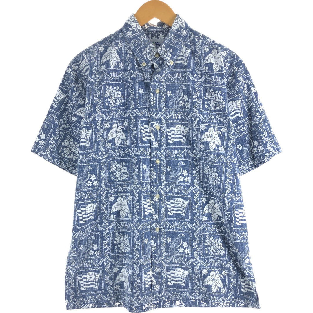90'S Reyn Spooner Swimsuit Tag All-Over Print Button-Down Hawaiian Aloha Shirt Box Shirt Men's Medium cotton Navy blue Vintage Second Hand