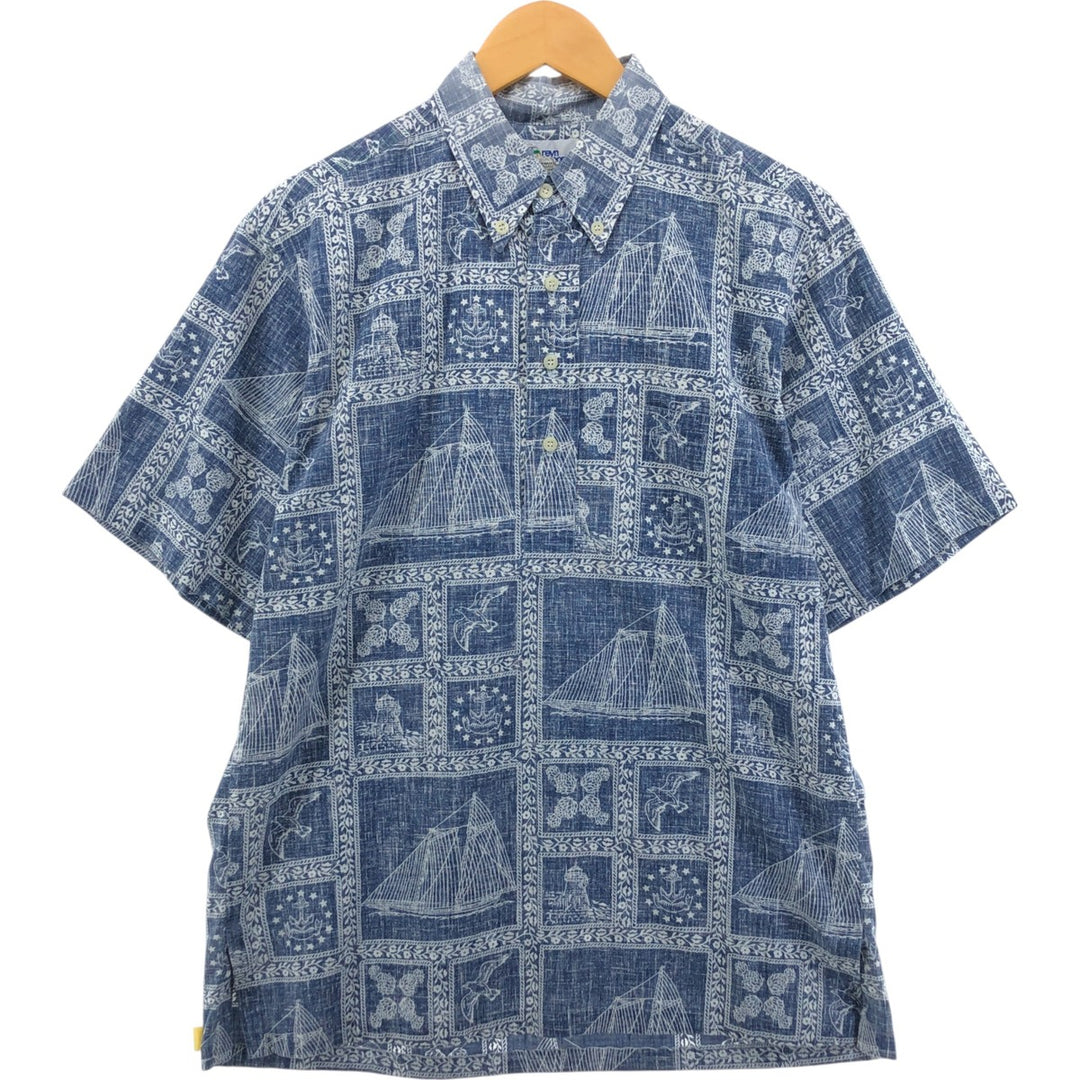 Reyn Spooner Swimwear Tag Lahaina Sailor Pullover Button-Down Aloha Shirt Made in Hawaii Men's Medium cotton navy blue type Vintage Second Hand