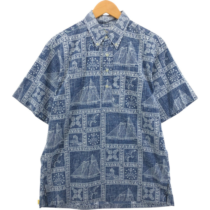 Reyn Spooner Swimwear Tag Lahaina Sailor Pullover Button-Down Aloha Shirt Made in Hawaii Men's Medium cotton navy blue type Vintage Second Hand