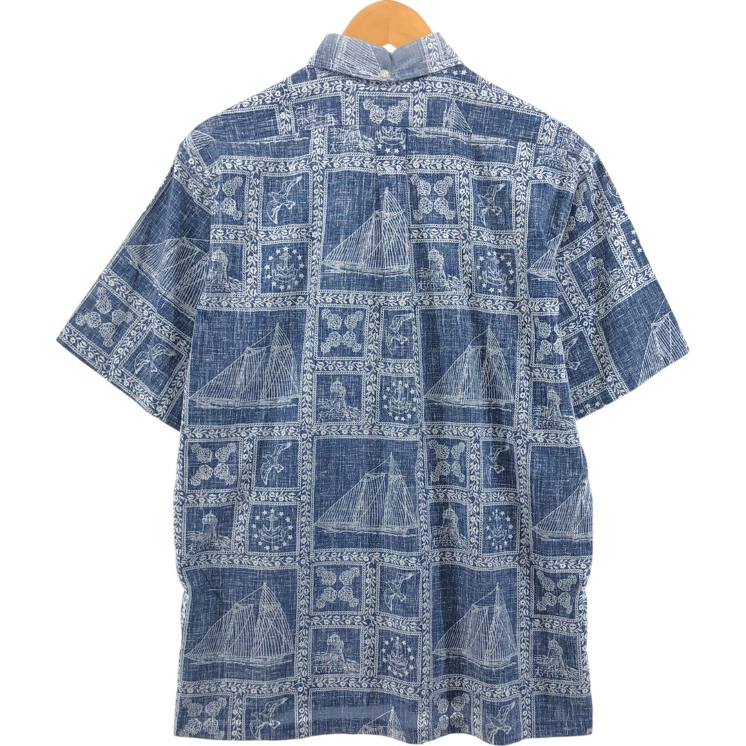 Reyn Spooner Swimwear Tag Lahaina Sailor Pullover Button-Down Aloha Shirt Made in Hawaii Men's Medium cotton navy blue type Vintage Second Hand
